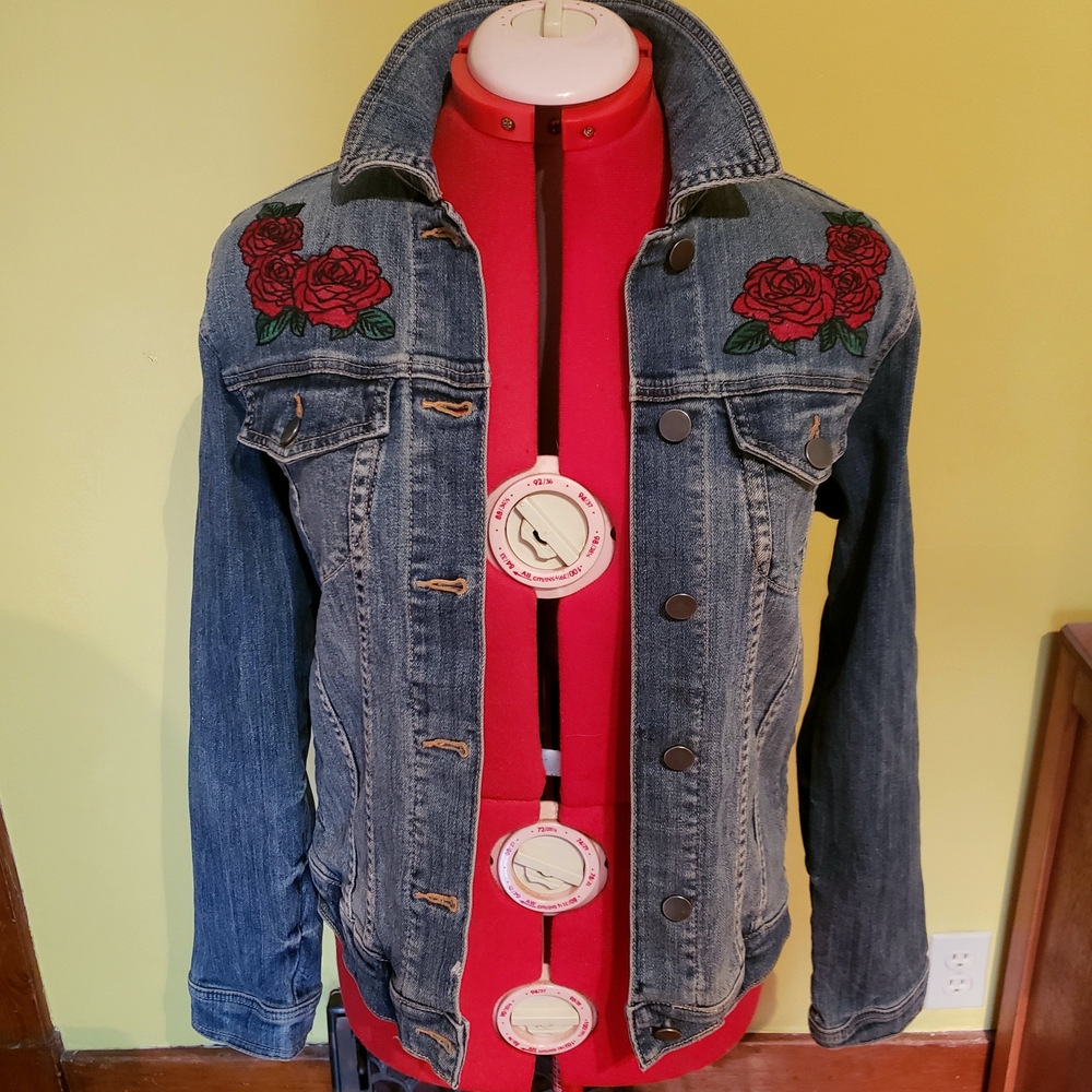 Disney Denim Jacket with Red Rose Embroidery, Disney Collectable Jacket